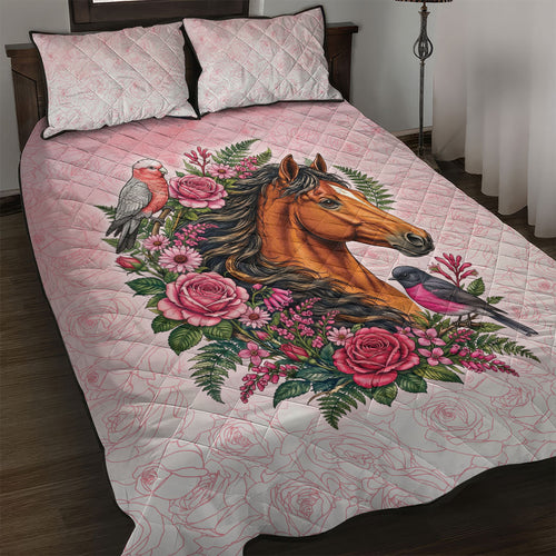 Melbourne Horse Pink Rose Wreath Quilt Bed Set Aussie Galah Cockatoo and Pink Robin