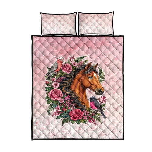 Melbourne Horse Pink Rose Wreath Quilt Bed Set Aussie Galah Cockatoo and Pink Robin