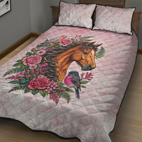 Melbourne Horse Pink Rose Wreath Quilt Bed Set Aussie Galah Cockatoo and Pink Robin