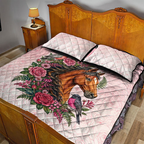 Melbourne Horse Pink Rose Wreath Quilt Bed Set Aussie Galah Cockatoo and Pink Robin