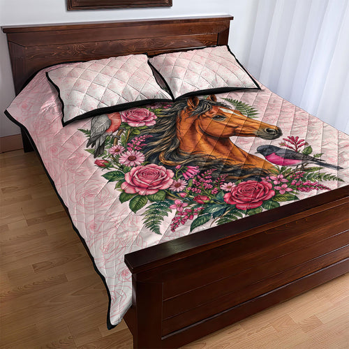 Melbourne Horse Pink Rose Wreath Quilt Bed Set Aussie Galah Cockatoo and Pink Robin