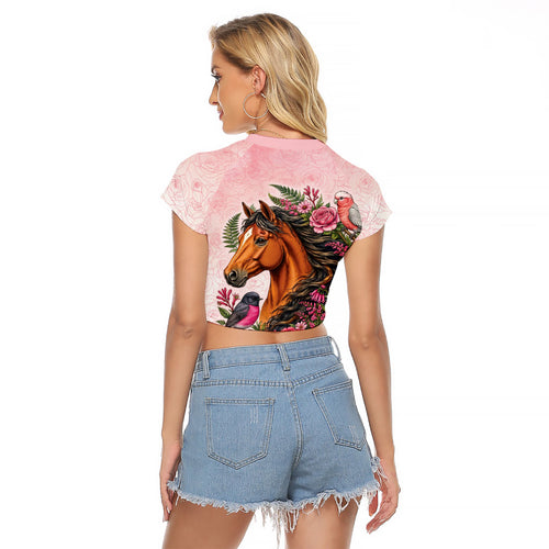 Melbourne Horse Pink Rose Wreath Raglan Cropped T Shirt Aussie Galah Cockatoo and Pink Robin