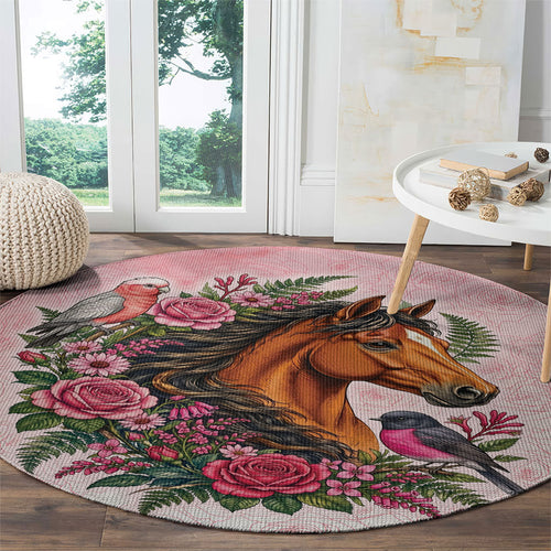 Melbourne Horse Pink Rose Wreath Round Carpet Aussie Galah Cockatoo and Pink Robin