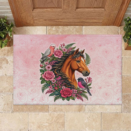 Melbourne Horse Pink Rose Wreath Rubber Doormat Aussie Galah Cockatoo and Pink Robin
