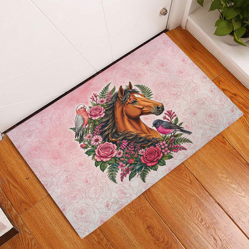 Melbourne Horse Pink Rose Wreath Rubber Doormat Aussie Galah Cockatoo and Pink Robin