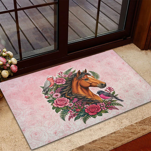 Melbourne Horse Pink Rose Wreath Rubber Doormat Aussie Galah Cockatoo and Pink Robin
