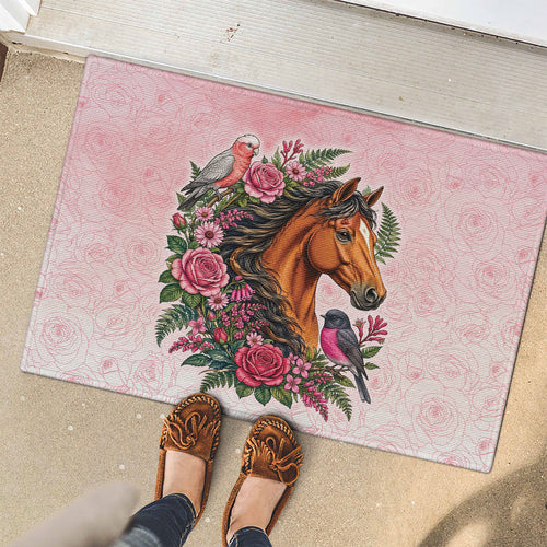 Melbourne Horse Pink Rose Wreath Rubber Doormat Aussie Galah Cockatoo and Pink Robin