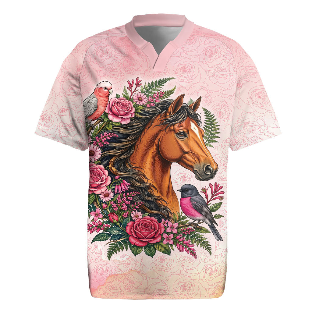 Melbourne Horse Pink Rose Wreath Rugby Jersey Aussie Galah Cockatoo and Pink Robin