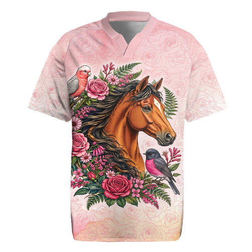 Melbourne Horse Pink Rose Wreath Rugby Jersey Aussie Galah Cockatoo and Pink Robin