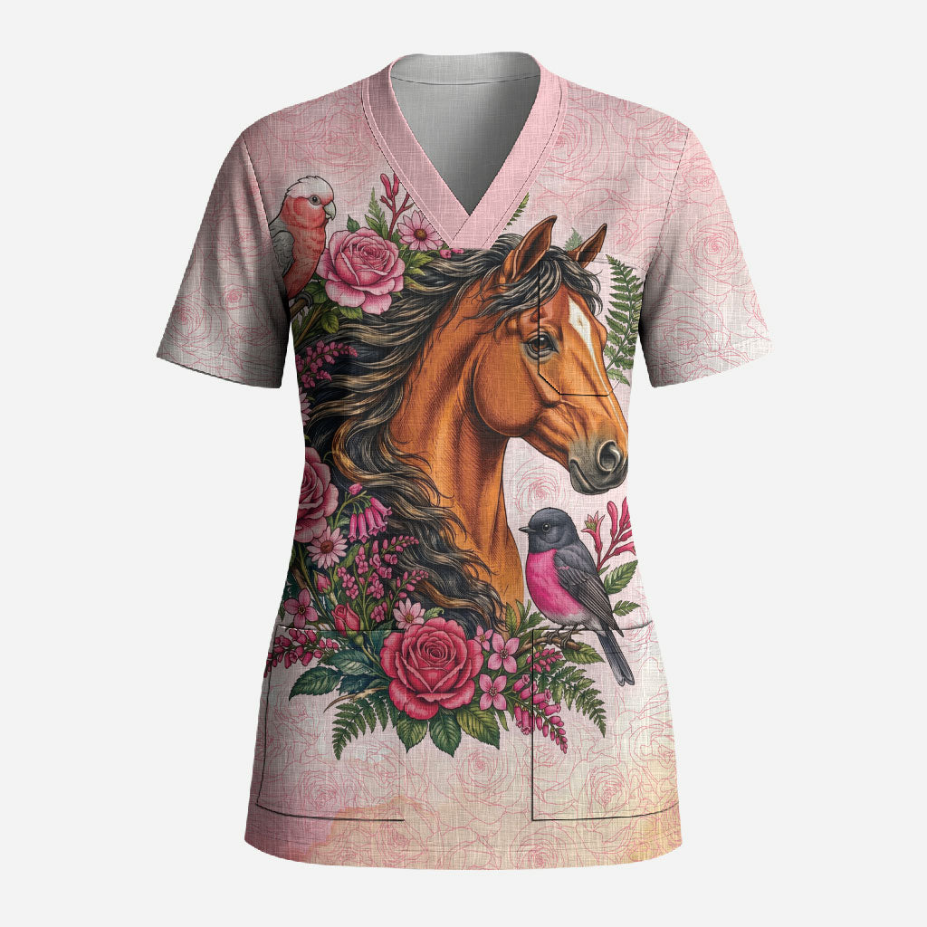 Melbourne Horse Pink Rose Wreath Scrub Top Aussie Galah Cockatoo and Pink Robin