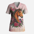 Melbourne Horse Pink Rose Wreath Scrub Top Aussie Galah Cockatoo and Pink Robin
