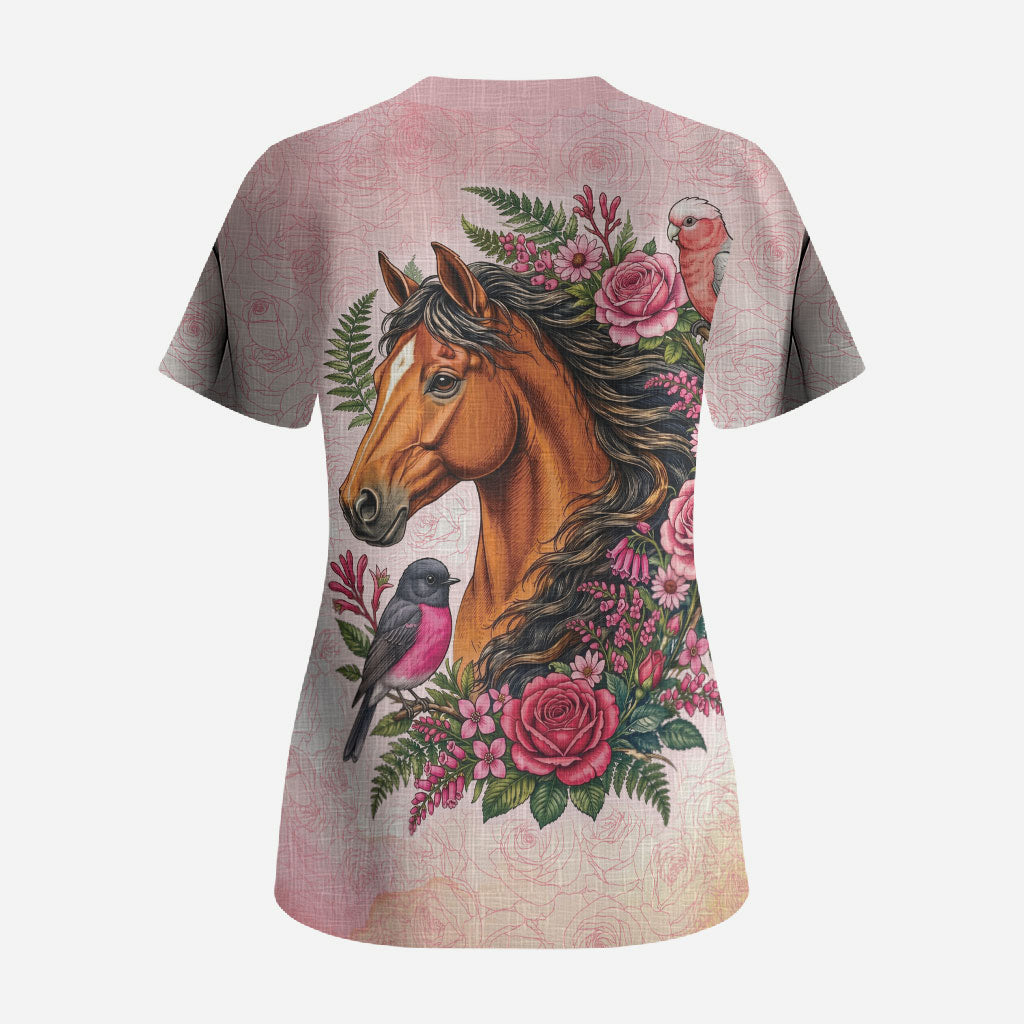 Melbourne Horse Pink Rose Wreath Scrub Top Aussie Galah Cockatoo and Pink Robin