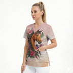 Melbourne Horse Pink Rose Wreath Scrub Top Aussie Galah Cockatoo and Pink Robin