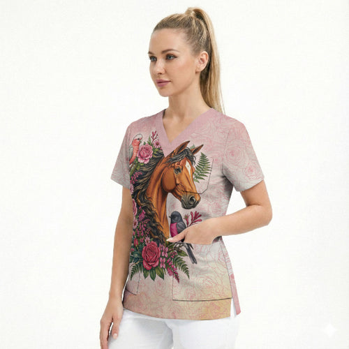 Melbourne Horse Pink Rose Wreath Scrub Top Aussie Galah Cockatoo and Pink Robin