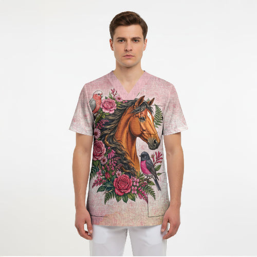 Melbourne Horse Pink Rose Wreath Scrub Top Aussie Galah Cockatoo and Pink Robin