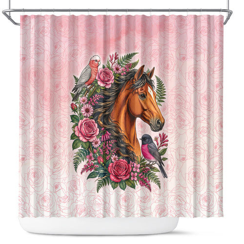 Melbourne Horse Pink Rose Wreath Shower Curtain Aussie Galah Cockatoo and Pink Robin