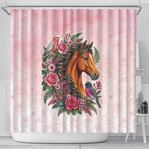 Melbourne Horse Pink Rose Wreath Shower Curtain Aussie Galah Cockatoo and Pink Robin