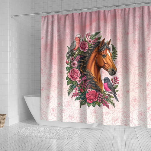 Melbourne Horse Pink Rose Wreath Shower Curtain Aussie Galah Cockatoo and Pink Robin