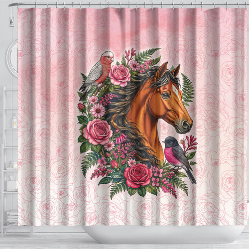 Melbourne Horse Pink Rose Wreath Shower Curtain Aussie Galah Cockatoo and Pink Robin