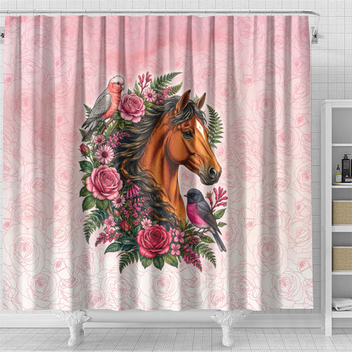 Melbourne Horse Pink Rose Wreath Shower Curtain Aussie Galah Cockatoo and Pink Robin