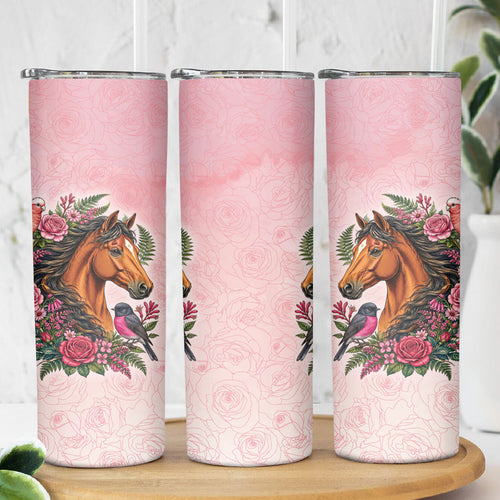 Melbourne Horse Pink Rose Wreath Skinny Tumbler Aussie Galah Cockatoo and Pink Robin