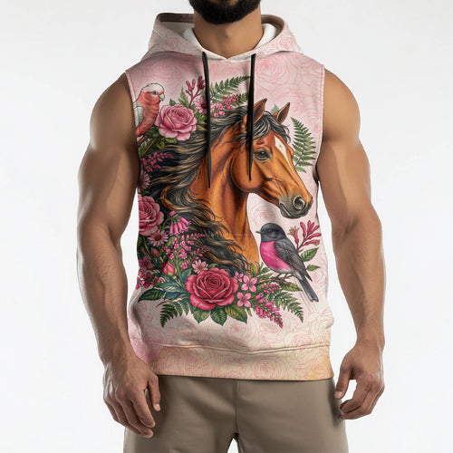 Melbourne Horse Pink Rose Wreath Sleeveless Hoodie Aussie Galah Cockatoo and Pink Robin