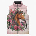 Melbourne Horse Pink Rose Wreath Sleeveless Puffer Jacket Aussie Galah Cockatoo and Pink Robin