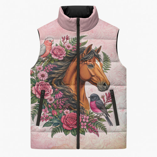Melbourne Horse Pink Rose Wreath Sleeveless Puffer Jacket Aussie Galah Cockatoo and Pink Robin