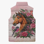 Melbourne Horse Pink Rose Wreath Sleeveless Puffer Jacket Aussie Galah Cockatoo and Pink Robin
