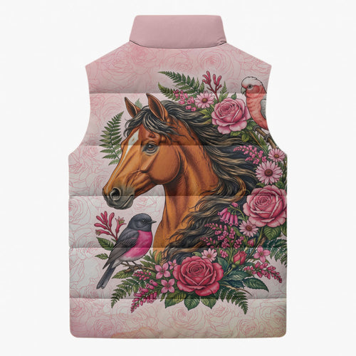 Melbourne Horse Pink Rose Wreath Sleeveless Puffer Jacket Aussie Galah Cockatoo and Pink Robin