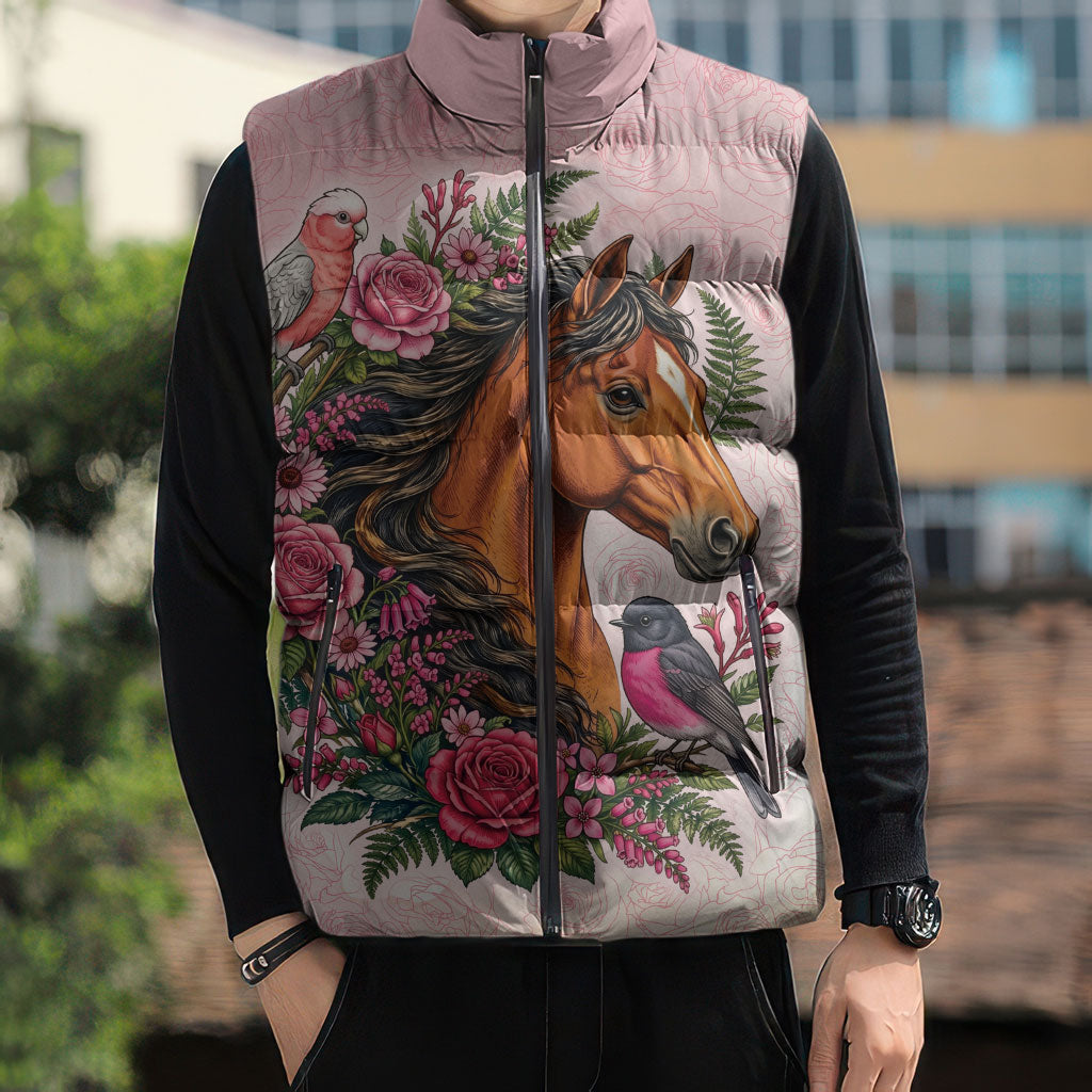 Melbourne Horse Pink Rose Wreath Sleeveless Puffer Jacket Aussie Galah Cockatoo and Pink Robin
