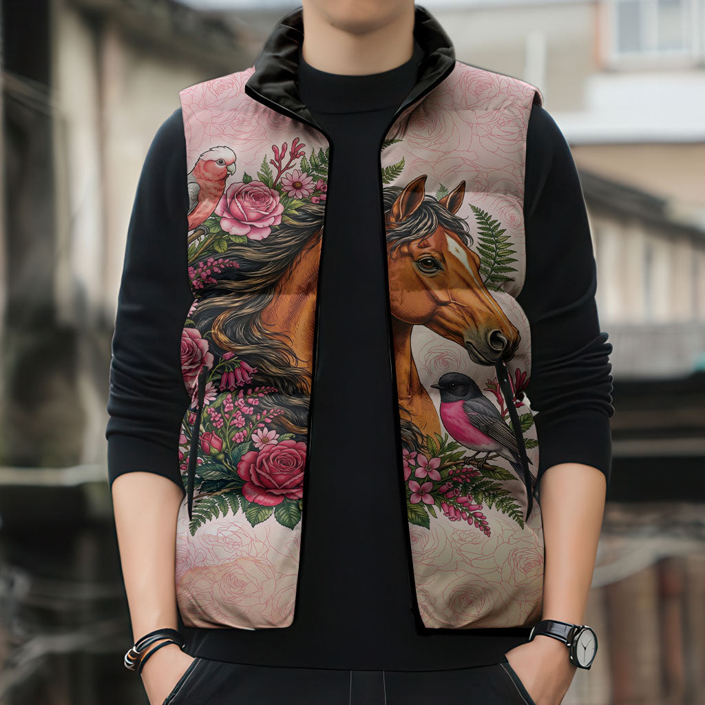 Melbourne Horse Pink Rose Wreath Sleeveless Puffer Jacket Aussie Galah Cockatoo and Pink Robin