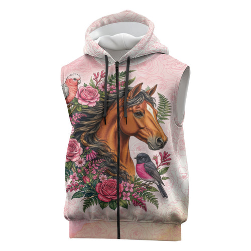 Melbourne Horse Pink Rose Wreath Sleeveless Zip Hoodie Aussie Galah Cockatoo and Pink Robin