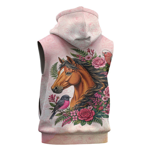 Melbourne Horse Pink Rose Wreath Sleeveless Zip Hoodie Aussie Galah Cockatoo and Pink Robin