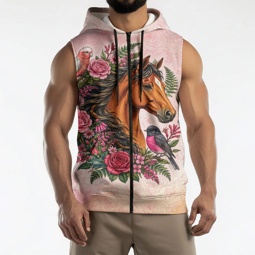 Melbourne Horse Pink Rose Wreath Sleeveless Zip Hoodie Aussie Galah Cockatoo and Pink Robin