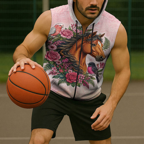 Melbourne Horse Pink Rose Wreath Sleeveless Zip Hoodie Aussie Galah Cockatoo and Pink Robin
