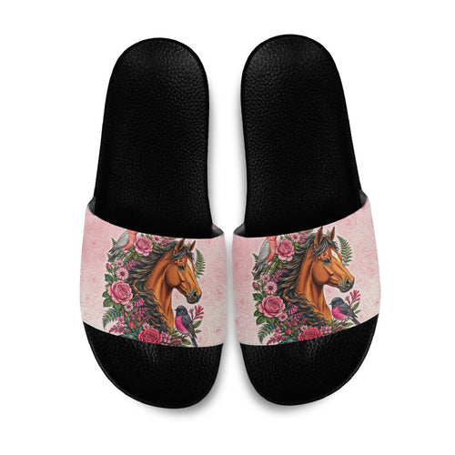 Melbourne Horse Pink Rose Wreath Slide Sandals Aussie Galah Cockatoo and Pink Robin