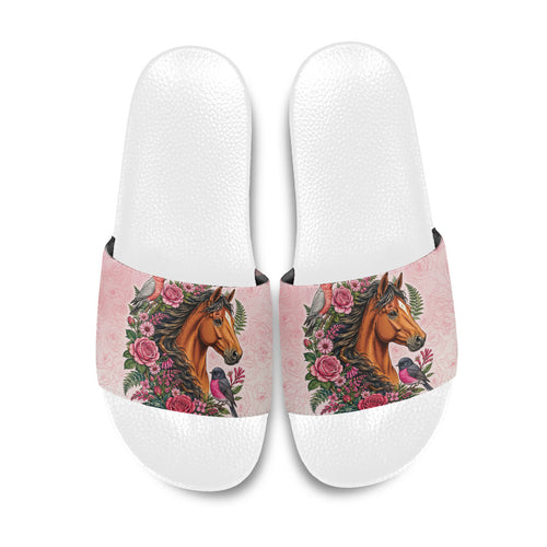 Melbourne Horse Pink Rose Wreath Slide Sandals Aussie Galah Cockatoo and Pink Robin