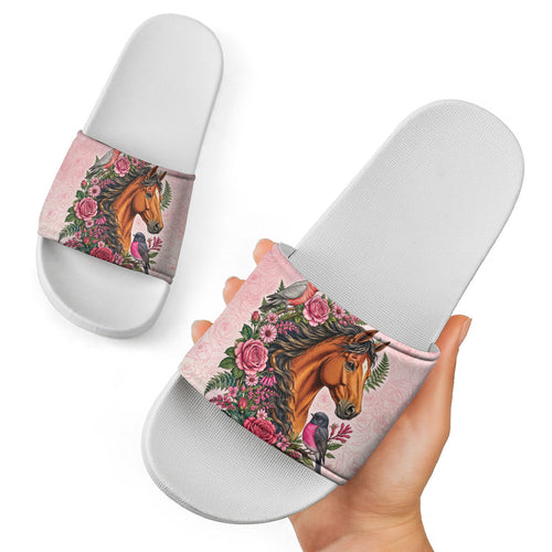 Melbourne Horse Pink Rose Wreath Slide Sandals Aussie Galah Cockatoo and Pink Robin