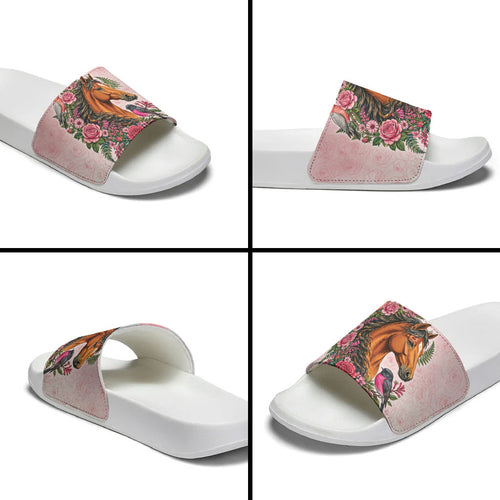 Melbourne Horse Pink Rose Wreath Slide Sandals Aussie Galah Cockatoo and Pink Robin