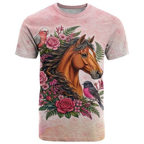 Melbourne Horse Pink Rose Wreath T Shirt Aussie Galah Cockatoo and Pink Robin