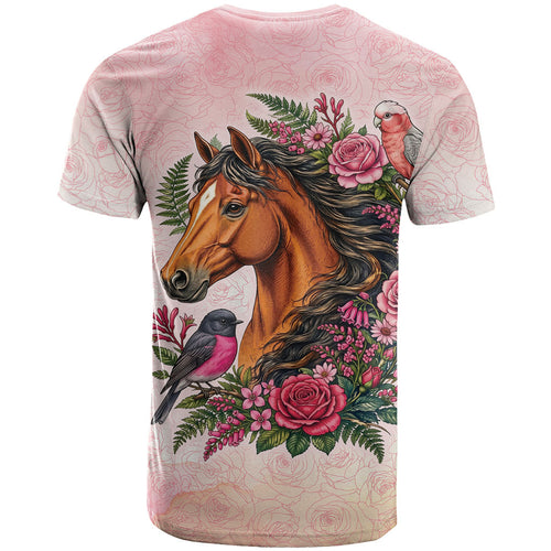 Melbourne Horse Pink Rose Wreath T Shirt Aussie Galah Cockatoo and Pink Robin