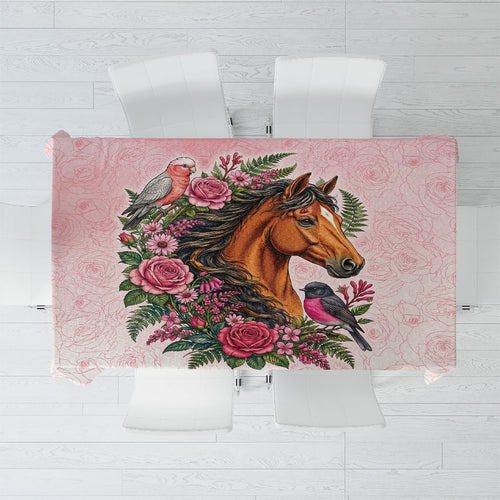 Melbourne Horse Pink Rose Wreath Tablecloth Aussie Galah Cockatoo and Pink Robin