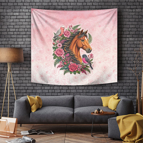 Melbourne Horse Pink Rose Wreath Tapestry Aussie Galah Cockatoo and Pink Robin