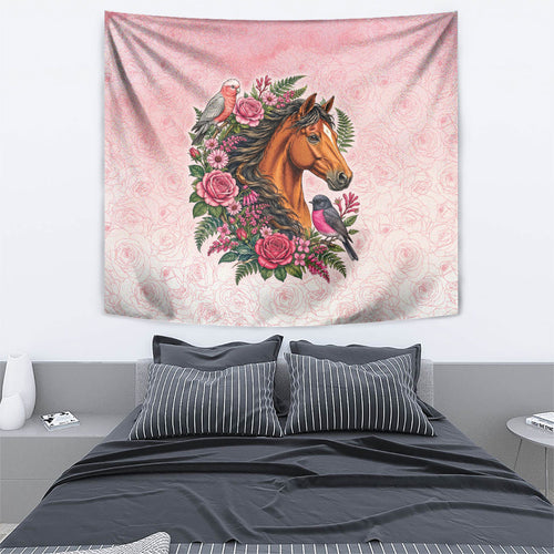Melbourne Horse Pink Rose Wreath Tapestry Aussie Galah Cockatoo and Pink Robin