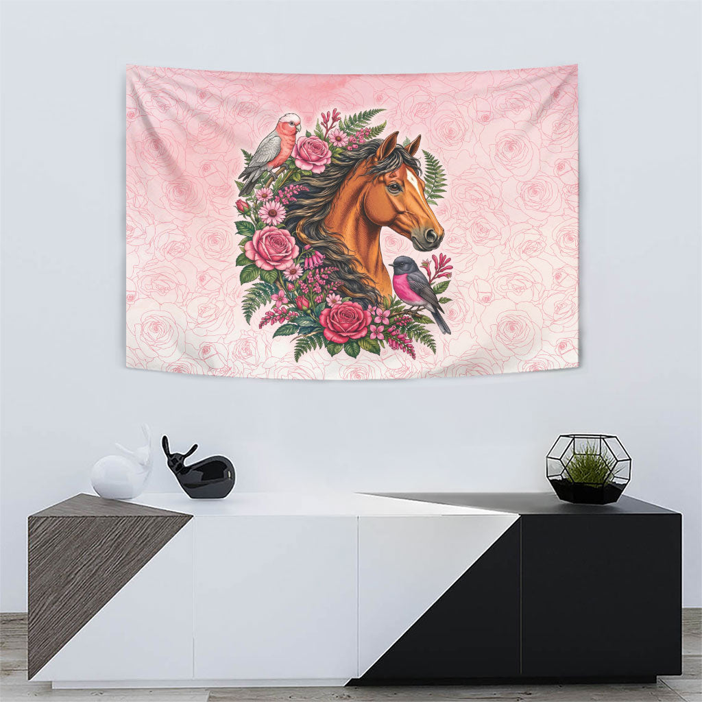 Melbourne Horse Pink Rose Wreath Tapestry Aussie Galah Cockatoo and Pink Robin