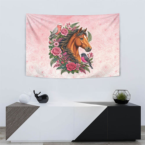 Melbourne Horse Pink Rose Wreath Tapestry Aussie Galah Cockatoo and Pink Robin