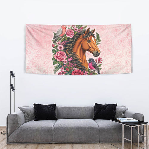 Melbourne Horse Pink Rose Wreath Tapestry Aussie Galah Cockatoo and Pink Robin