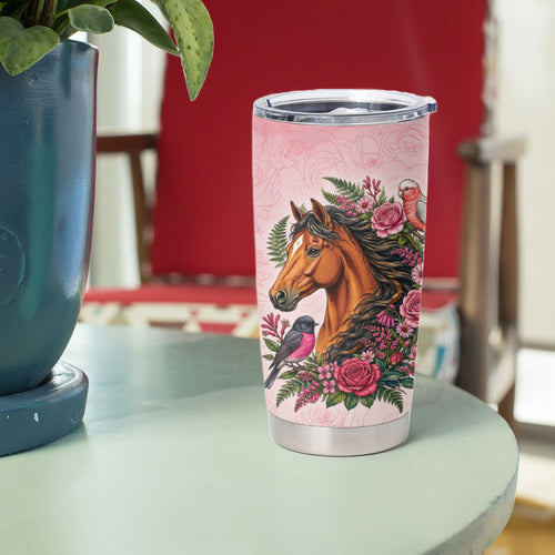 Melbourne Horse Pink Rose Wreath Tumbler Cup Aussie Galah Cockatoo and Pink Robin