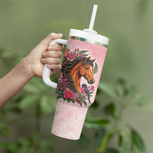 Melbourne Horse Pink Rose Wreath Tumbler With Handle Aussie Galah Cockatoo and Pink Robin
